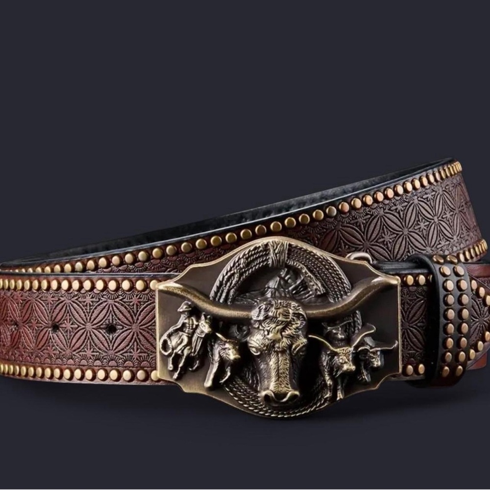 Intricate Brown Belt with Bull Buckle